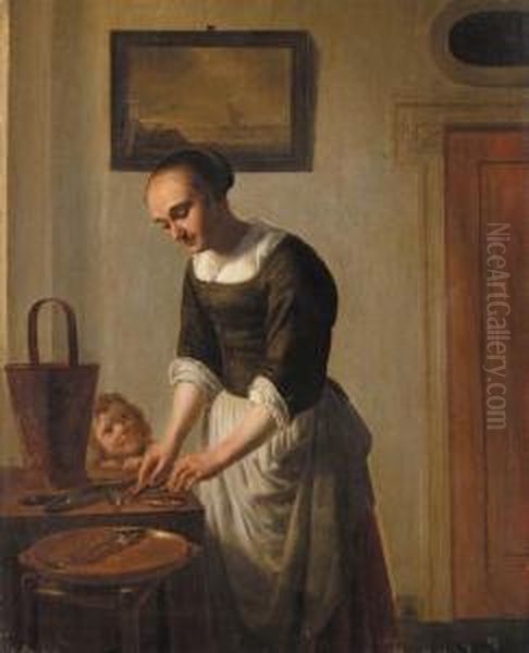 A Woman Filleting Fish Watched By A Child Oil Painting by Abraham van, I Strij