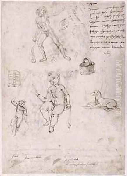 Sheet of studies with naked young man basket dog children Oil Painting by Francesco di Simone da Fiesole Ferrucci