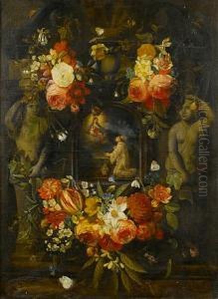 A Bishop Saint Before The Virgin
 And Child Within A Carved Stone Niche Decorated With Tulips, 
Carnations, Roses, Convolvulus And Other Flowers Oil Painting by Jan Philip van Thielen