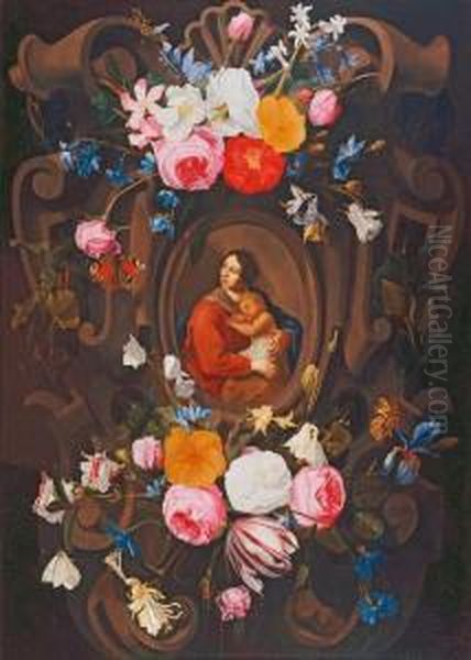 Garland Of Flowers Around A Cartouche Oil Painting by Jan Philip van Thielen