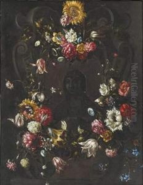 Guirlande De Fleurs Ornees De 
Papillons Avec Au Centre Stemadeleine En Buste Inscrite Dans Un Blason A
 Enroulements. Oil Painting by Jan Philip van Thielen