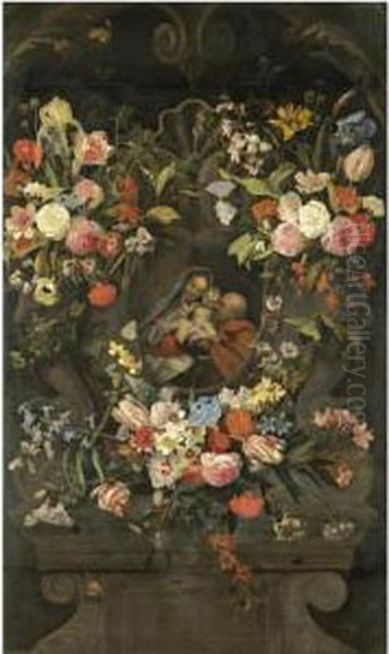 Festoons Of Flowers Decorating A Stone Niche Inset With The Holy Family Oil Painting by Jan Philip van Thielen