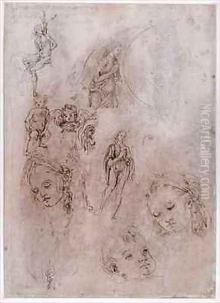 Sheet of studies with St Sebastian naked children and angels heads of Virgin and Jesus Child Oil Painting by Francesco di Simone da Fiesole Ferrucci