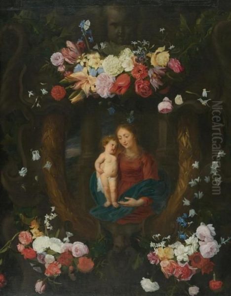 Floral Garland Around A Medallion With Mary And Jesus Oil Painting by Jan Philip van Thielen