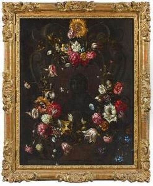 Guirlande De Fleurs Ornees De 
Papillons Avec Au Centre Ste Madeleine En Buste Inscrite Dans Un Blason A
 Enroulements.
 Huile Sur Toile Oil Painting by Jan Philip van Thielen