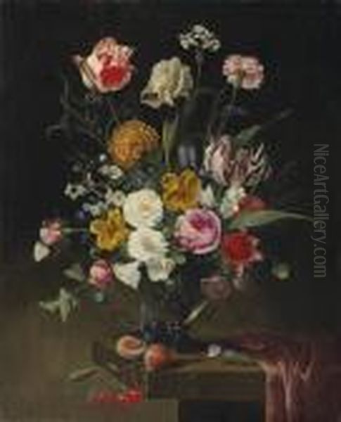 Roses, Tulips, Carnations And An Iris In A Glass Vase On A Draped Stone Ledge Oil Painting by Jan Philip van Thielen