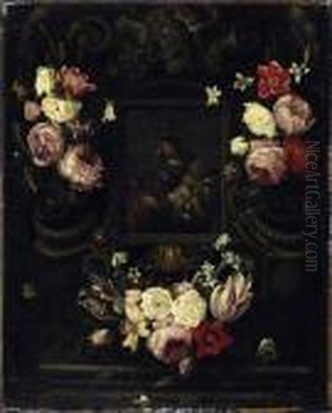 Flower Decoration Surrounding The Central Image Of Mary, Jesus And The Boy John Oil Painting by Jan Philip van Thielen