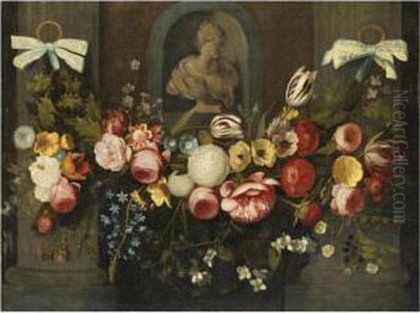 A Garland Of Flowers, Tied With Blue Ribbons, Below A Sculpted Bust Oil Painting by Jan Philip van Thielen