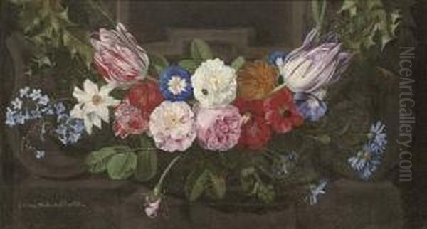 A Swag Of Parrot Tulips, Roses, 
Convolvulus, Anenomies, Holly, Narcissi And Other Flowers, Before A 
Carved Stone Niche Oil Painting by Jan Philip van Thielen