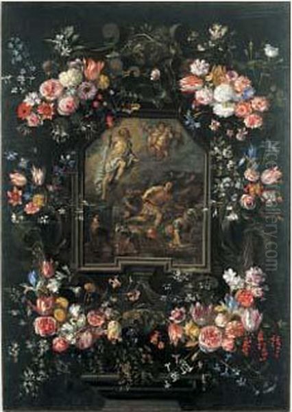 Guirlande De Fleurs Encadrant Un Cartouche Representant La Resurrection Oil Painting by Jan Philip van Thielen