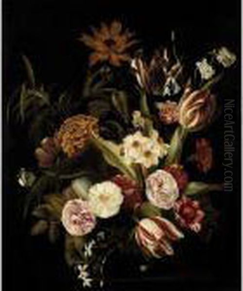 A Still Life Of Roses, Tulips And Other Flowers In A Glass Vase On A Stone Ledge Oil Painting by Jan Philip van Thielen