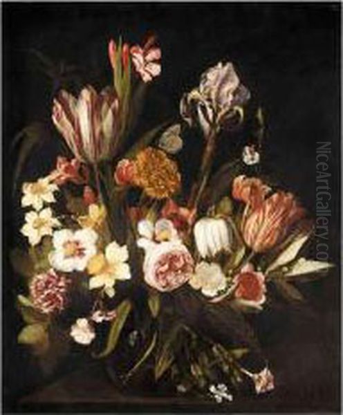 A Still Life Of Tulips, Roses, 
Irises, Carnations And Various Other Flowers Together In A Glass Vase On
 A Ledge Oil Painting by Jan Philip van Thielen