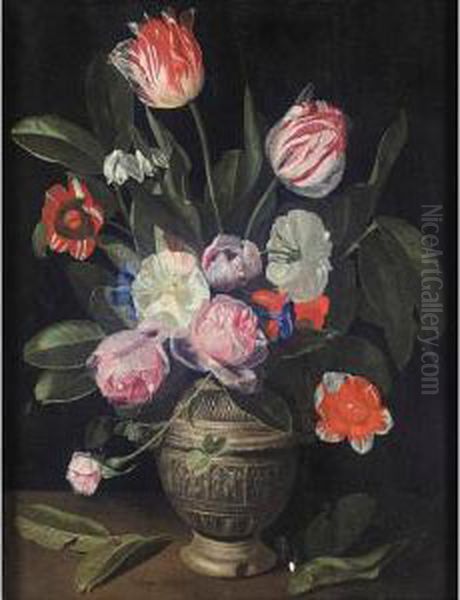 Still Life Of Tulips And Roses In A Stoneware Vase Oil Painting by Jan Philip van Thielen