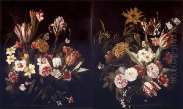 Bouquets Of Flowers In Glass Vases: A Pair Of Paintings Oil Painting by Jan Philip van Thielen