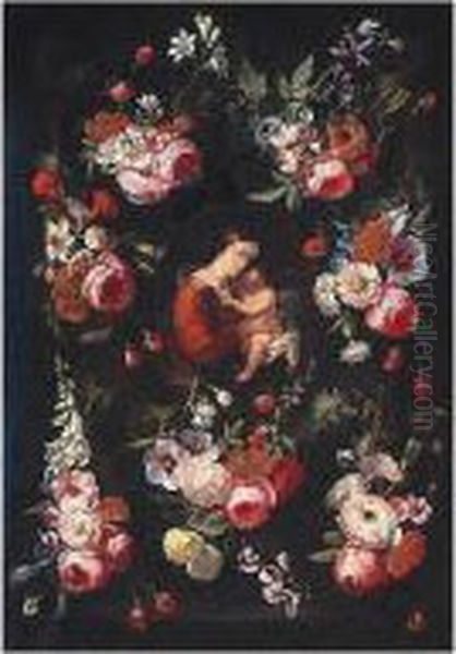 Virgin And Child Surrounded By A Floral Garland Oil Painting by Jan Philip van Thielen