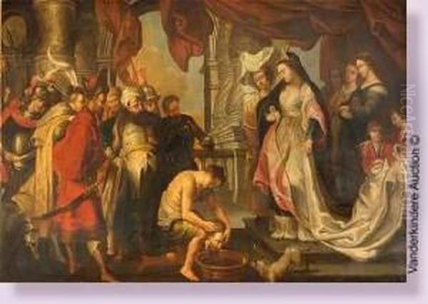 Thomyris Faisant Plonger Le Tete De Cyrus Dans Un Vase Rempli De Sang Oil Painting by Theodor Van Thulden