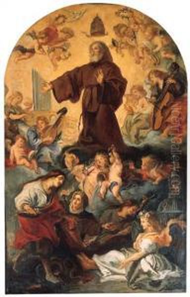 Saint Francis Of Paula In Glory, Attended By Angels And Saints, Ina Painted Arch Oil Painting by Theodor Van Thulden