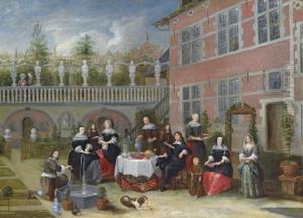 Portrait Of A Family Around A 
Table Served With Lobster, A Pie, Bread And Flowering Spring Onions, In A
 Courtyard With A Fountain And A Sculpture Garden, An Orchard Beyond Oil Painting by Gillis van Tilborgh