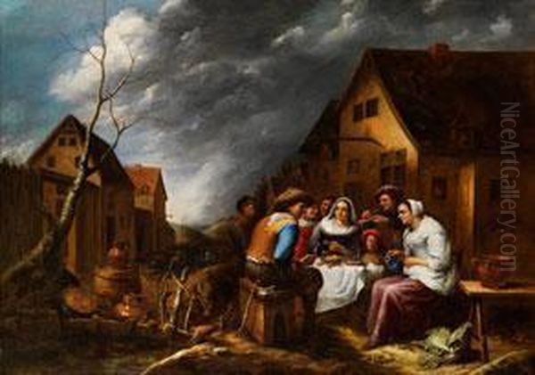 Hollandische Familie Beim Vespermahl Zwischen Alten Hausern Oil Painting by Gillis van Tilborgh