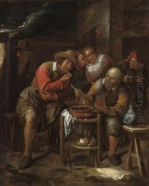 Peasants Smoking Outside A Tavern Oil Painting by Gillis van Tilborgh