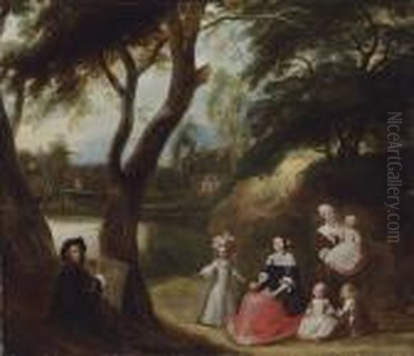 An Artist Portraying A Family In A Landscape Oil Painting by Gillis van Tilborgh