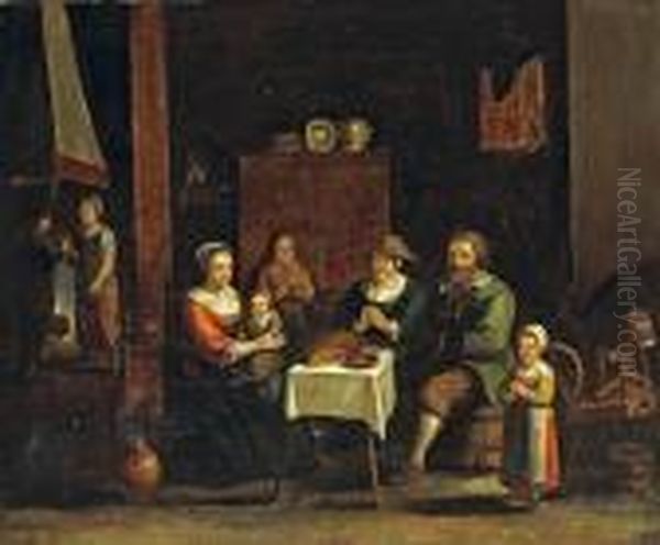 A Family Saying Grace In A Kitcheninterior Oil Painting by Gillis van Tilborgh