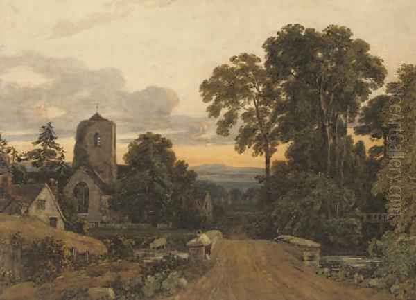 A lone figure on a bridge overlooking a sleepy village Oil Painting by Francis Oliver Finch