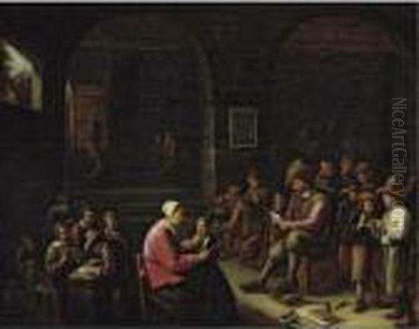 A Classroom Interior With A Schoolmistress Scolding A Pupil Oil Painting by Gillis van Tilborgh