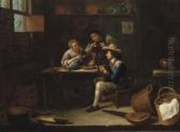 Peasants Eating, Drinking And Smoking In An Interior Oil Painting by Gillis van Tilborgh