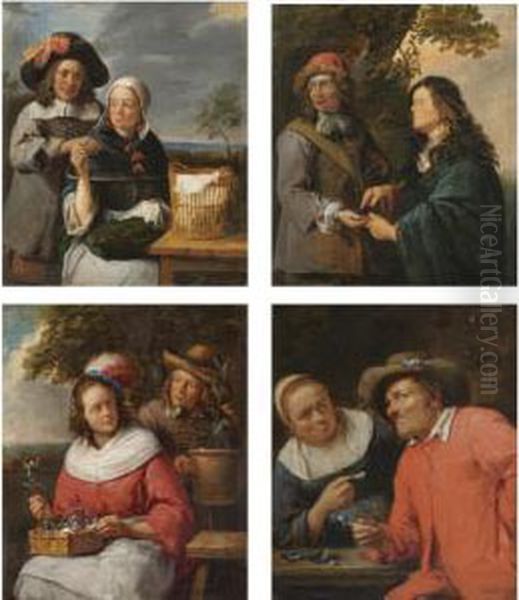 A Man Propositioning A 
Seamstress; A Woman Offering A Peasant A Shell; A Man And Woman With 
Flowers; Two Men Arranging A Deal Oil Painting by Gillis van Tilborgh