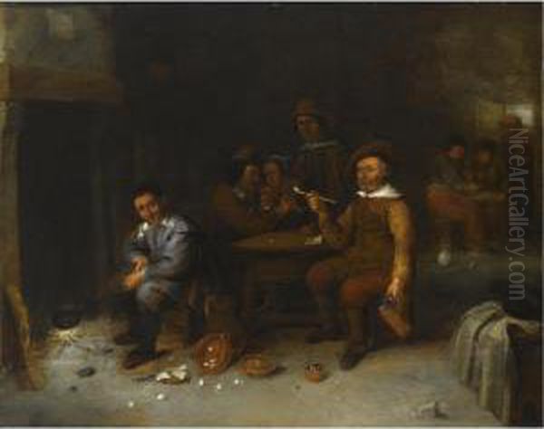 Figures In An Inn, One Smoking, 
Another Playing The Flute For A Woman, Another Figure Warming A Pan 
Above A Fire In The Fireplace Oil Painting by Gillis van Tilborgh