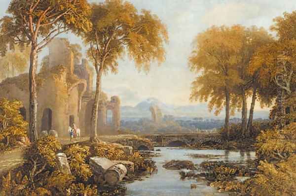 Figures and a horse beneath a ruined castle Oil Painting by Francis Oliver Finch