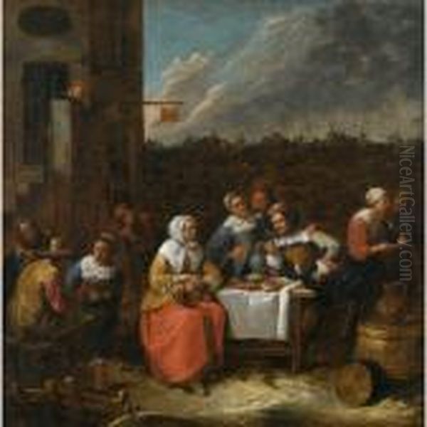 An Elegant Company Eating, Drinking And Smoking In The Courtyard Of An Inn Oil Painting by Gillis van Tilborgh