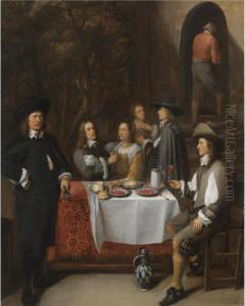 An Elegant Company At A Table In An Interior Oil Painting by Gillis van Tilborgh