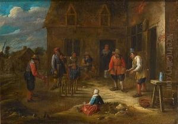 Peasants Playing Skittles Before A Country Inn Oil Painting by Gillis van Tilborgh