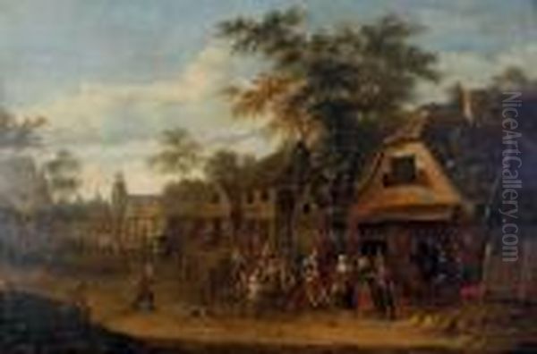 Figures Merrymaking Outside An Inn Oil Painting by Gillis van Tilborgh