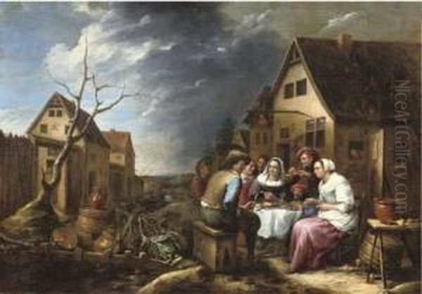 Peasants Eating And Drinking Before An Inn Oil Painting by Gillis van Tilborgh