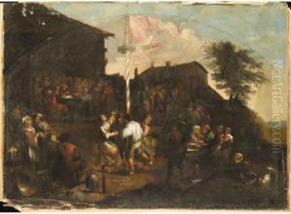 A Village Fete With Figures Outside A Tavern Merrymaking And Dancing Round A Maypole Oil Painting by Gillis van Tilborgh