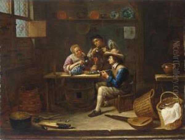 A Tavern Interior With Men And A Woman Smoking And Drinking Around A Table Oil Painting by Gillis van Tilborgh