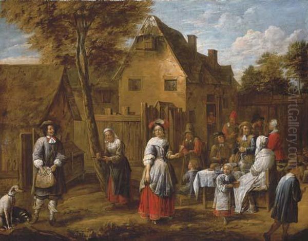 Elegant Figures Gathering Around A Table In A Courtyard Oil Painting by Gillis van Tilborgh