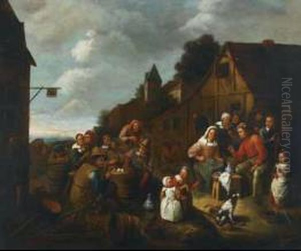 Village Peasants Merrymaking Outside An Inn Oil Painting by Gillis van Tilborgh