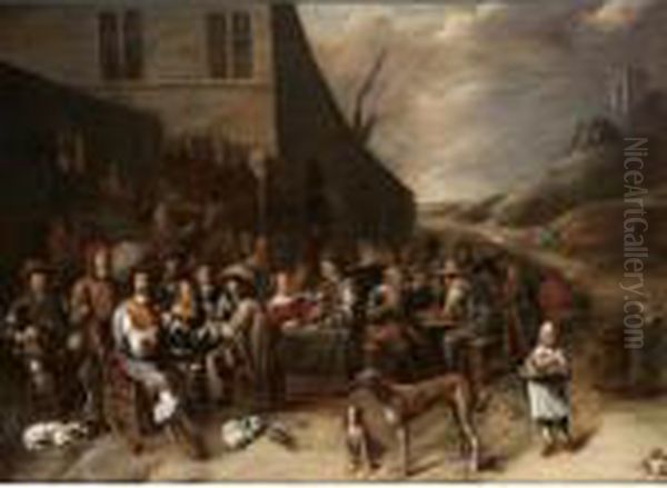 Sportsmen And Other Men And 
Women Drinking Outside A Tavern Near The Dunes, Together With Hounds And
 Horsemen Oil Painting by Gillis van Tilborgh