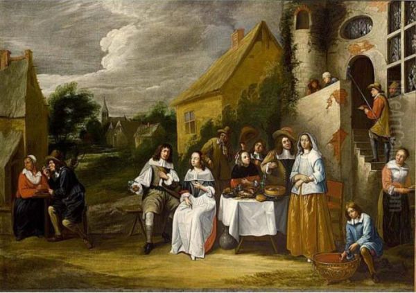 An Elegant Company Drinking And Eating Outside An Inn Oil Painting by Gillis van Tilborgh