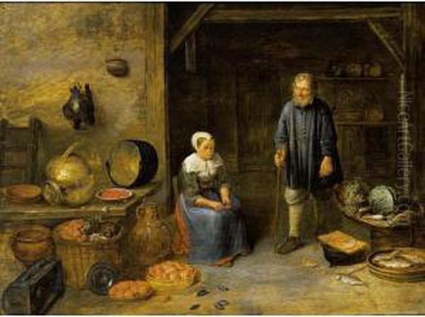 A Barn Interior With A Maid 
Opening Mussels And A Man With A Stick Standing, Together With A Still 
Life Of Vegetables And Fruits In Baskets, Crabs And Other Fish, And Pots
 And Other Stoneware On A Table Oil Painting by Gillis van Tilborgh