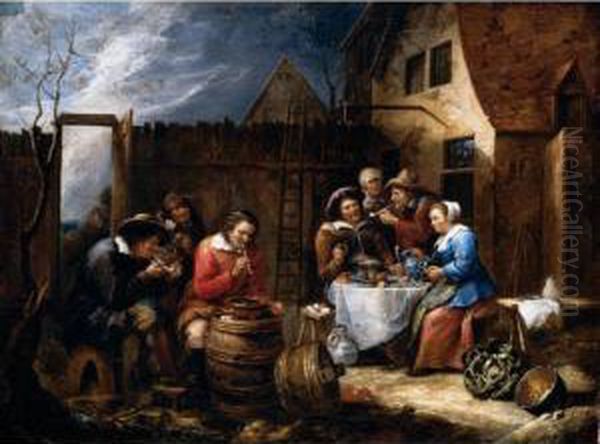 Boors Eating Drinking And Smoking Outside A Cottage Oil Painting by Gillis van Tilborgh