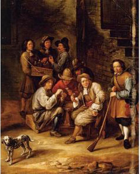 Figures Drinking And Gambling In A Courtyard Oil Painting by Gillis van Tilborgh