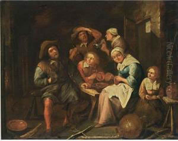 Peasants Eating And Drinking In An Interior Oil Painting by Gillis van Tilborgh