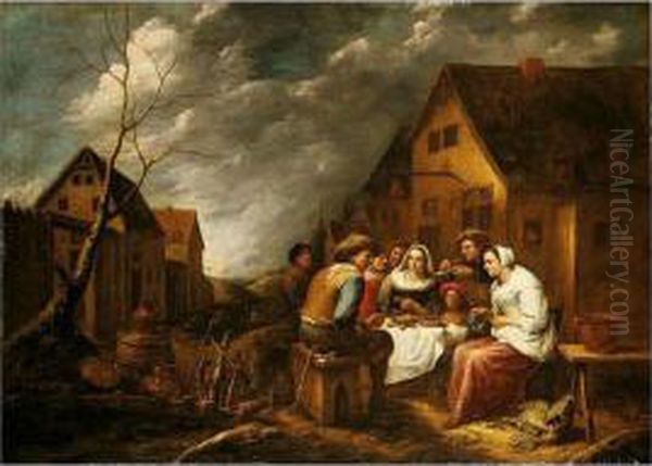 A Landscape With Figures Dining Outside An Inn Oil Painting by Gillis van Tilborgh