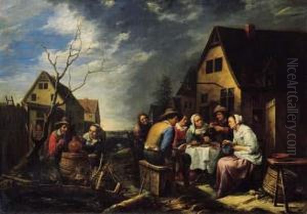 Maids Serving Peasants Outside An Inn Oil Painting by Gillis van Tilborgh