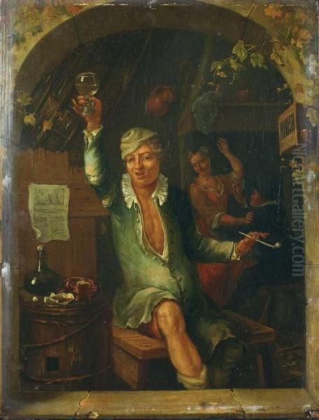 Sitzender Mann Mit Romer Und Pfeife. Oil Painting by Dominicus van Tol